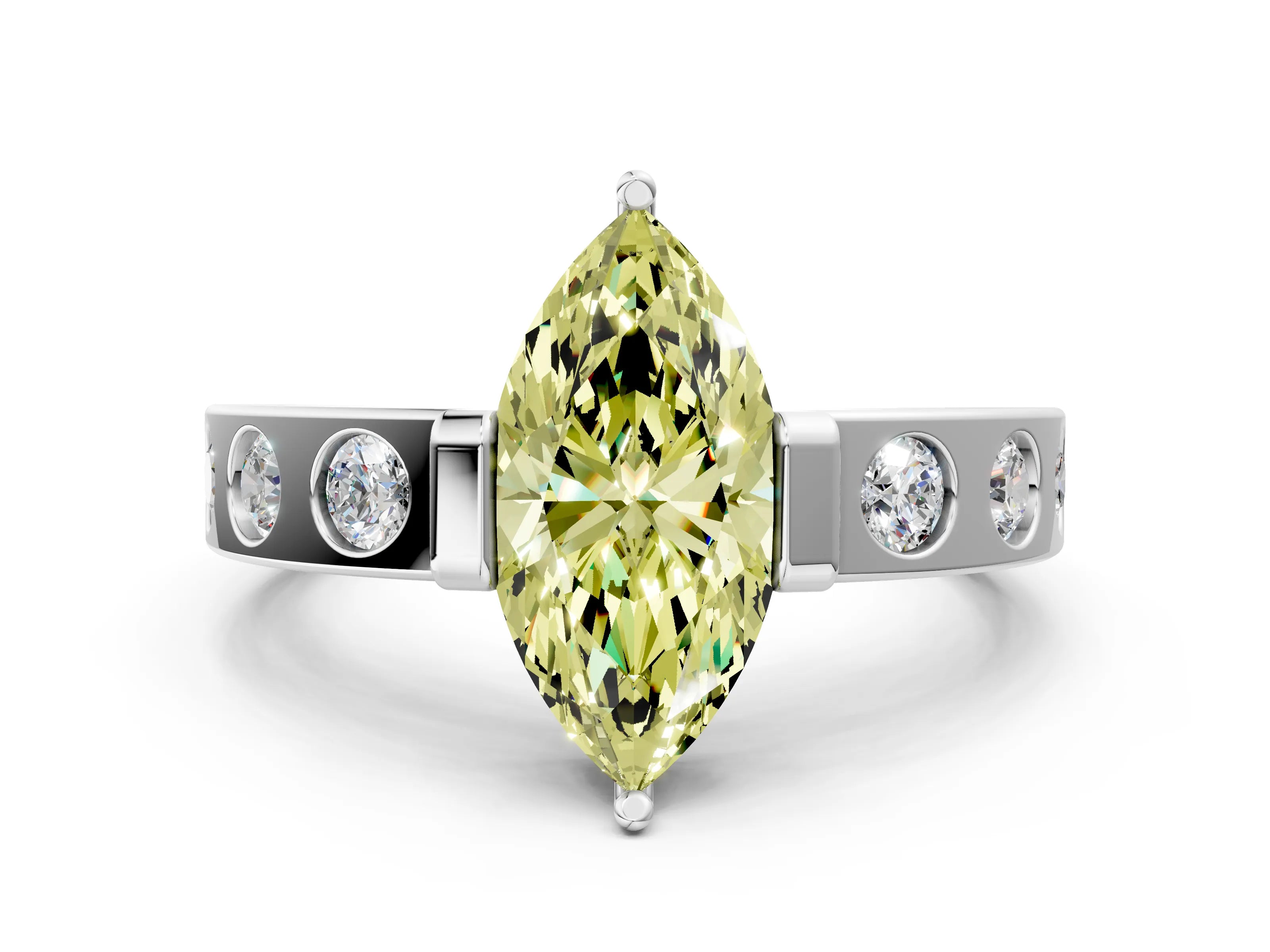 White gold Fancy Yellow Marquise Cut Brilliant Channel-Set Diamond Ring with Bezel Prong Setting_12
