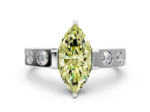 White gold Fancy Yellow Marquise Cut Brilliant Channel-Set Diamond Ring with Bezel Prong Setting