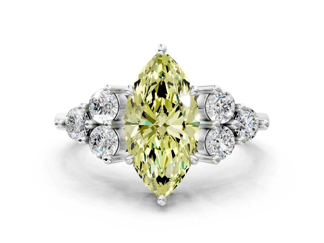 White gold Fancy Yellow Marquise Cut Brilliant Diamond Cluster Accent Solitaire Ring with Prong Setting_24