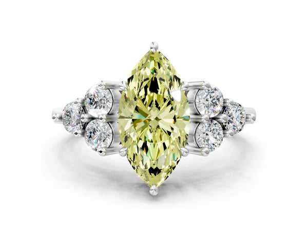Platinum Fancy Yellow Marquise Cut Brilliant Diamond Cluster Accent Solitaire Ring with Prong Setting
