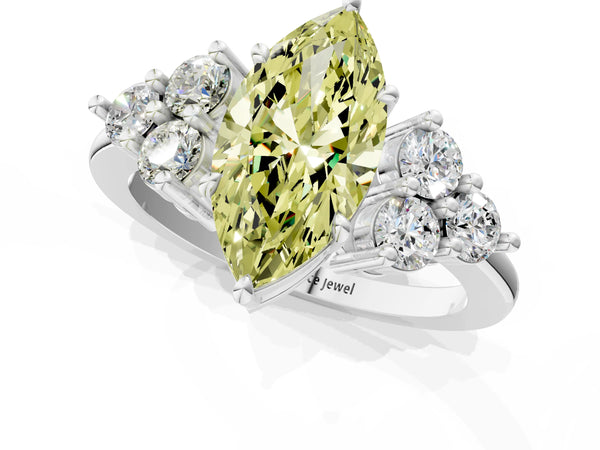 Platinum Fancy Yellow Marquise Cut Brilliant Diamond Cluster Accent Solitaire Ring with Prong Setting
