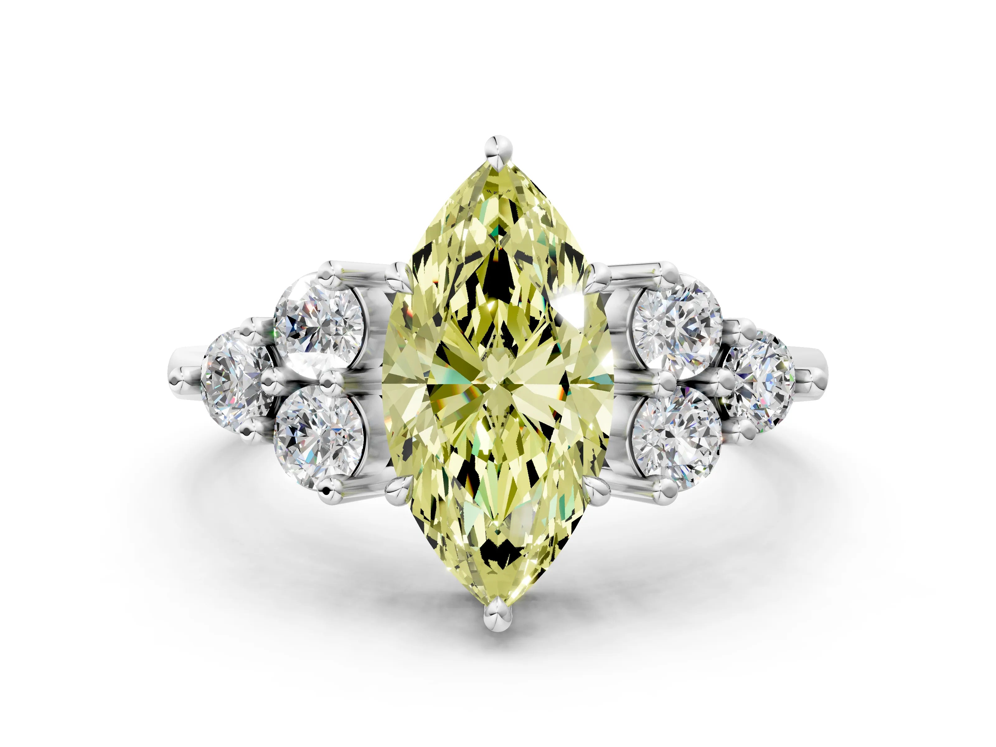White gold Fancy Yellow Marquise Cut Brilliant Diamond Cluster Accent Solitaire Ring with Prong Setting