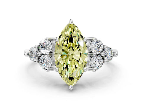 White gold Fancy Yellow Marquise Cut Brilliant Diamond Cluster Accent Solitaire Ring with Prong Setting