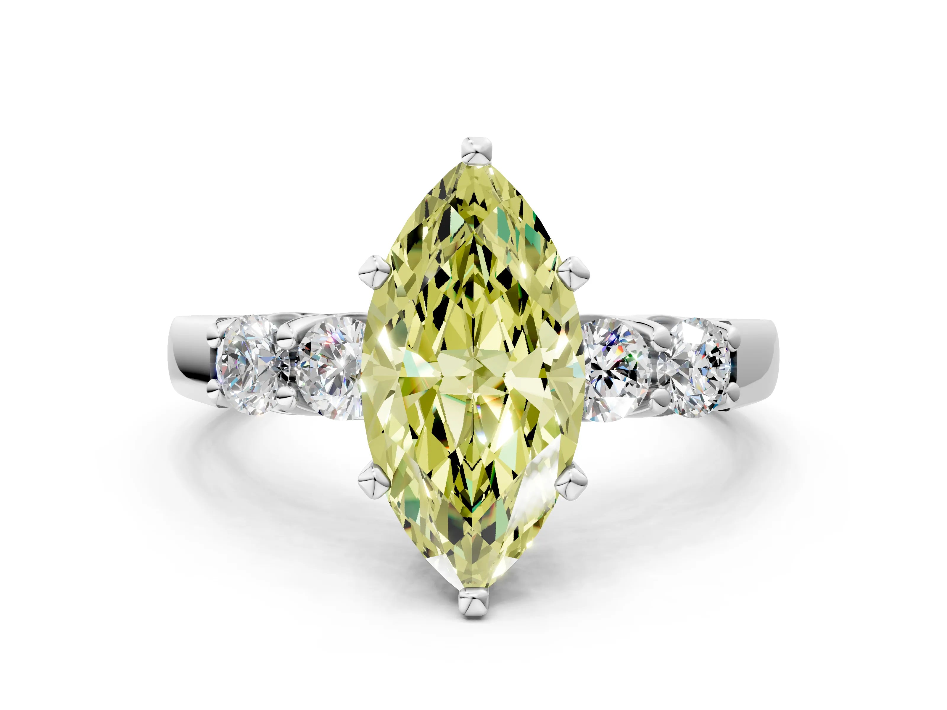 White gold Fancy Yellow Marquise Cut Brilliant Diamond Five-Stone Engagement Ring with Prong Setting on a Classic Band_15