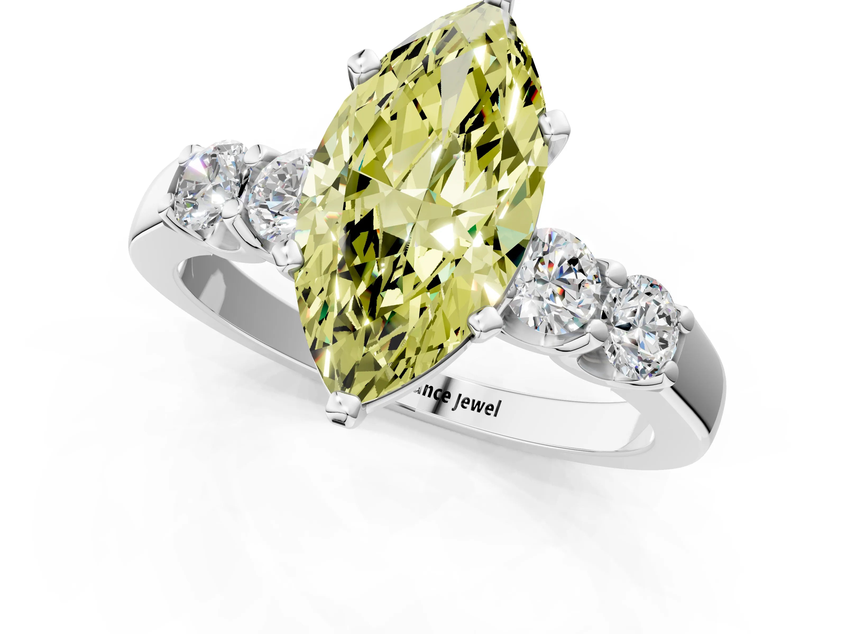 White gold Fancy Yellow Marquise Cut Brilliant Diamond Five-Stone Engagement Ring with Prong Setting on a Classic Band_16