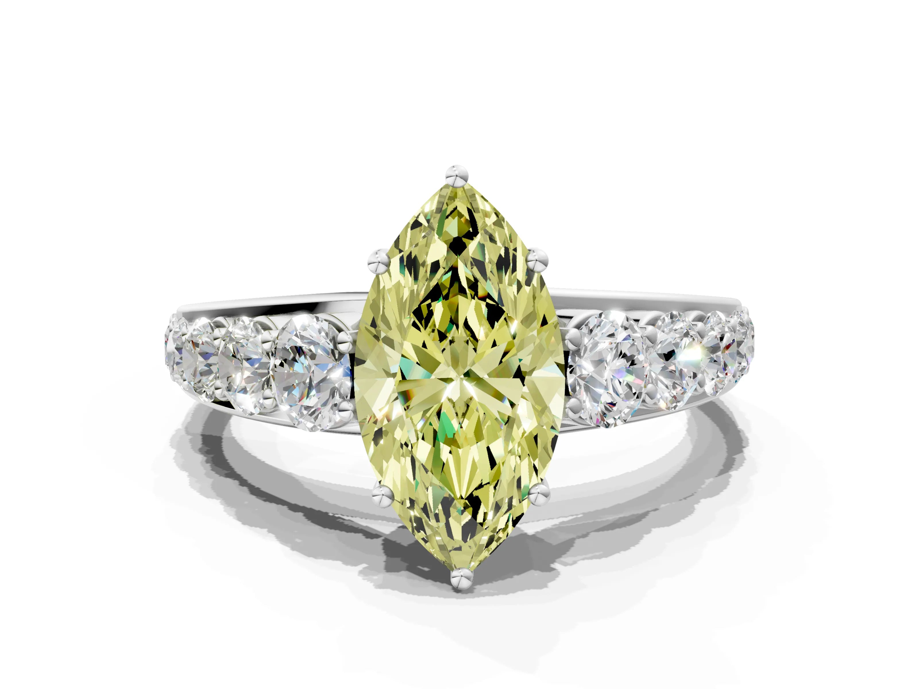 White gold Fancy Yellow Marquise Cut Brilliant Diamond Pavé Band with Six-Prong Setting