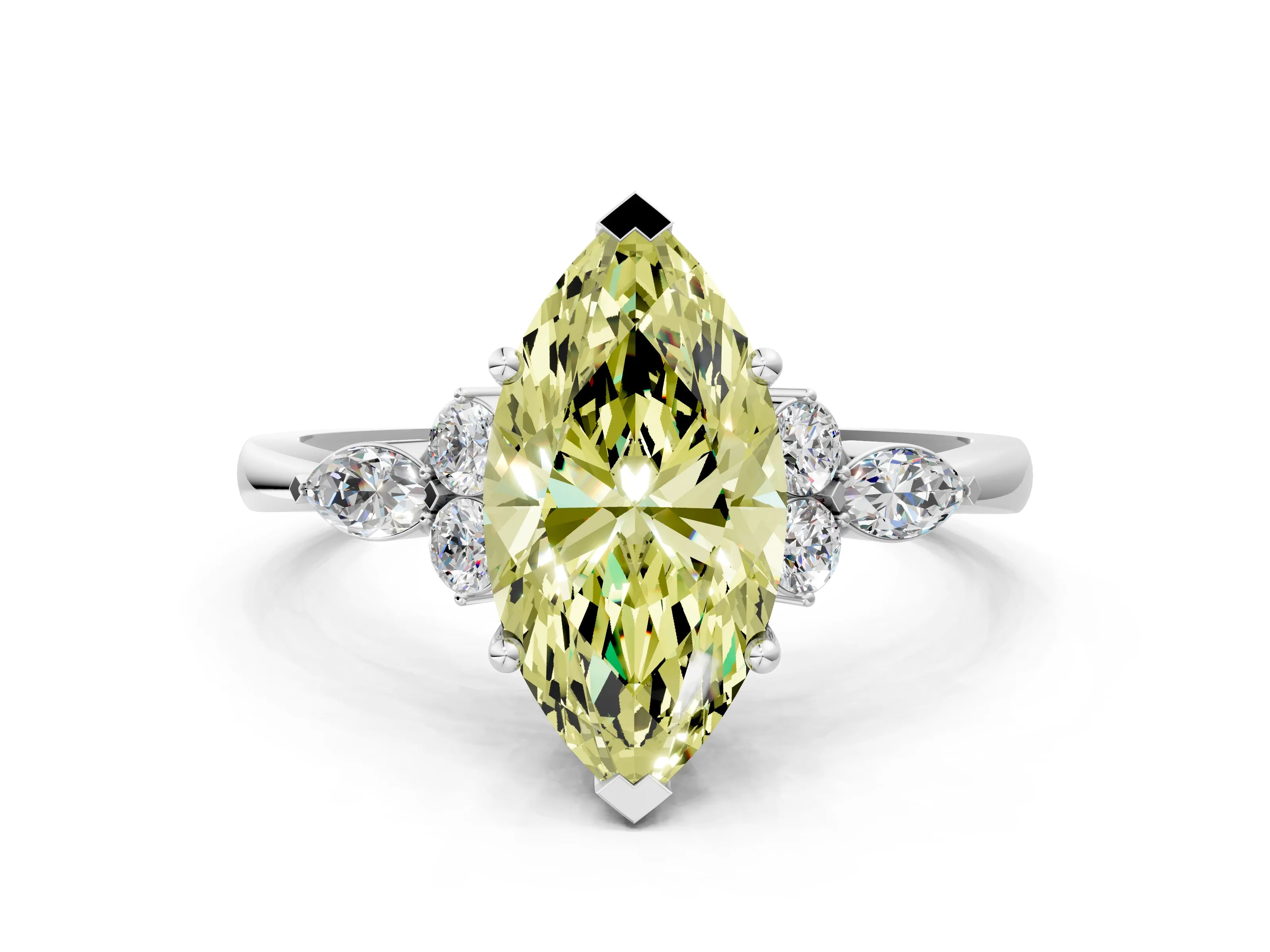 White gold Fancy Yellow Marquise Cut Brilliant Diamond Solitaire Ring with Pear Side Stones and Four-Prong Setting_6