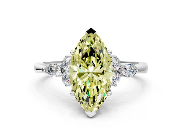 White gold Fancy Yellow Marquise Cut Brilliant Diamond Solitaire Ring with Pear Side Stones and Four-Prong Setting