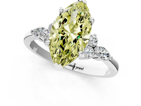 White gold Fancy Yellow Marquise Cut Brilliant Diamond Solitaire Ring with Pear Side Stones and Four-Prong Setting_7