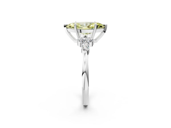 White gold Fancy Yellow Marquise Cut Brilliant Diamond Solitaire Ring with Pear Side Stones and Four-Prong Setting
