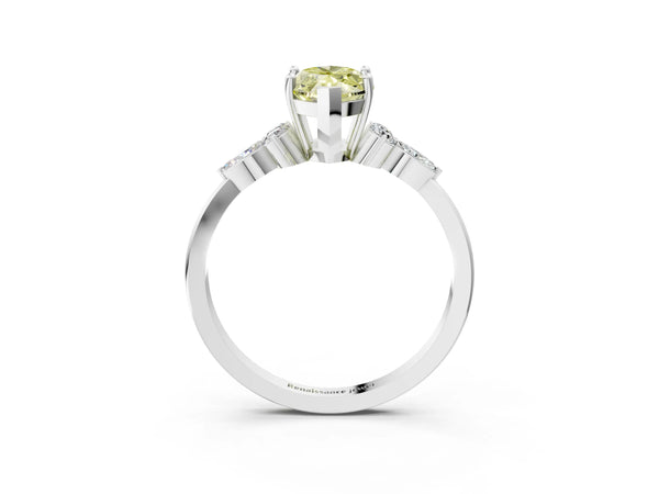 White gold Fancy Yellow Marquise Cut Brilliant Diamond Solitaire Ring with Pear Side Stones and Four-Prong Setting