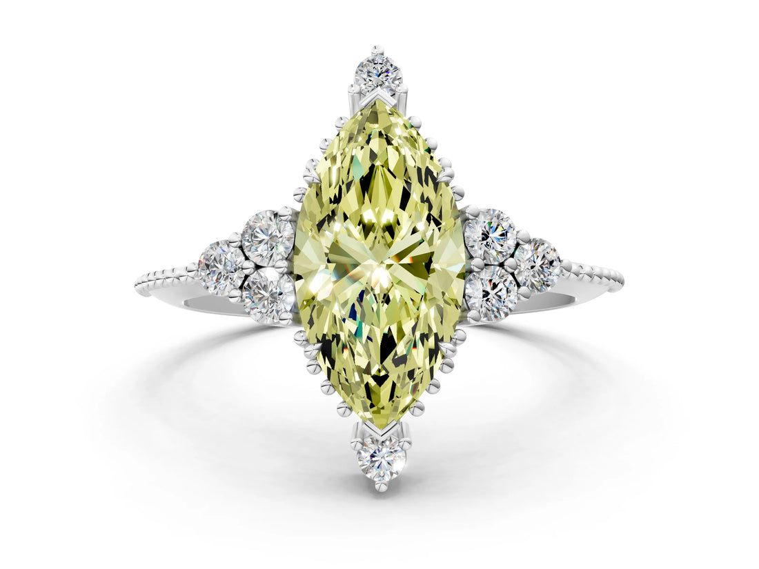 White gold Fancy Yellow Marquise Cut Brilliant Diamond with Cluster Setting on a Beaded Band and Four-Prong Setting_12