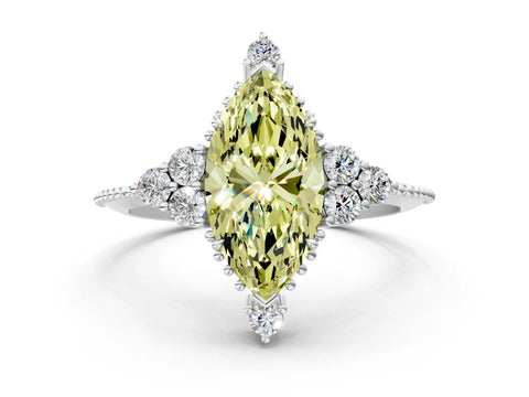 White gold Fancy Yellow Marquise Cut Brilliant Diamond with Cluster Setting on a Beaded Band and Four-Prong Setting_12