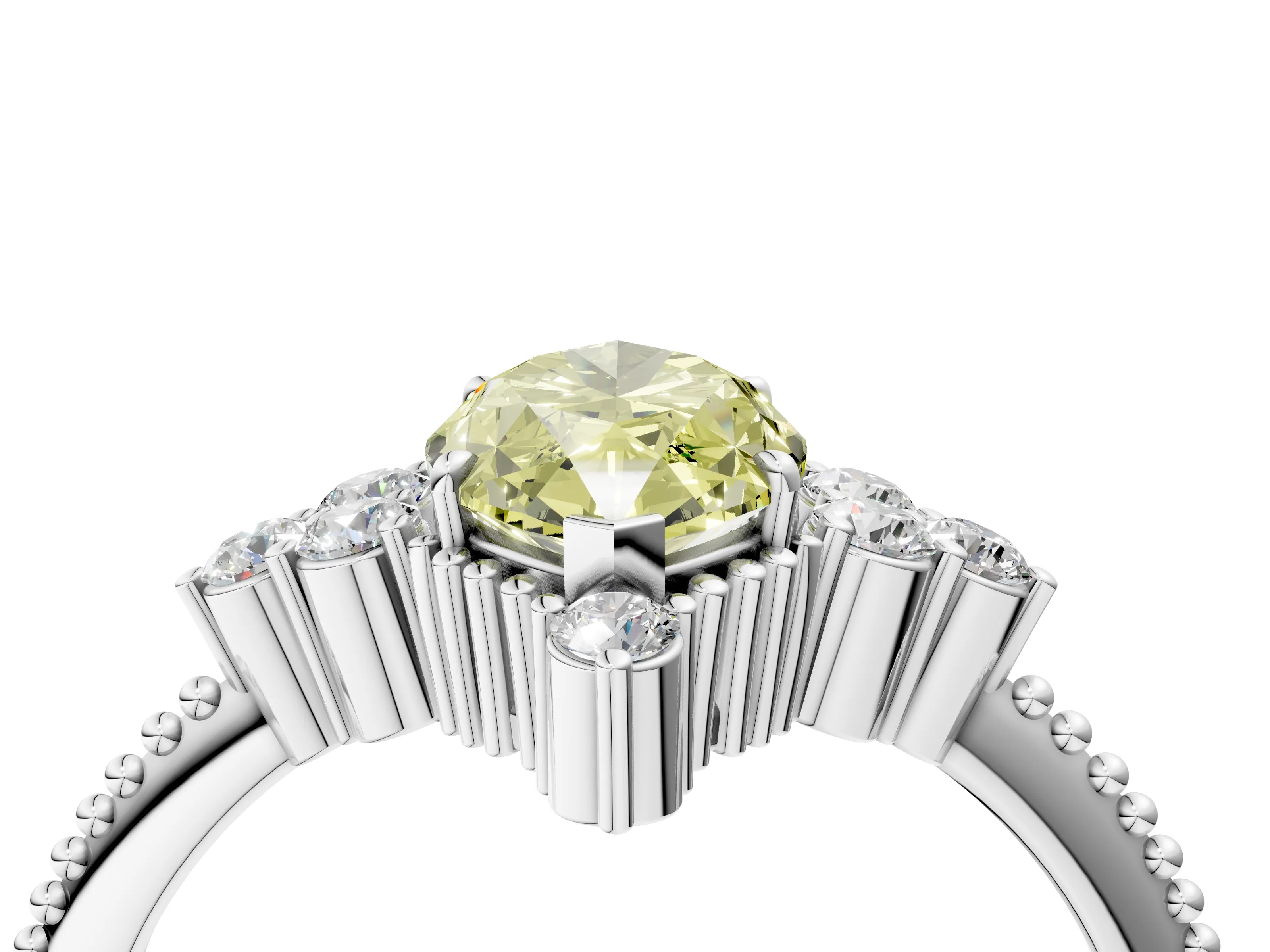 White gold Fancy Yellow Marquise Cut Brilliant Diamond with Cluster Setting on a Beaded Band and Four-Prong Setting_16