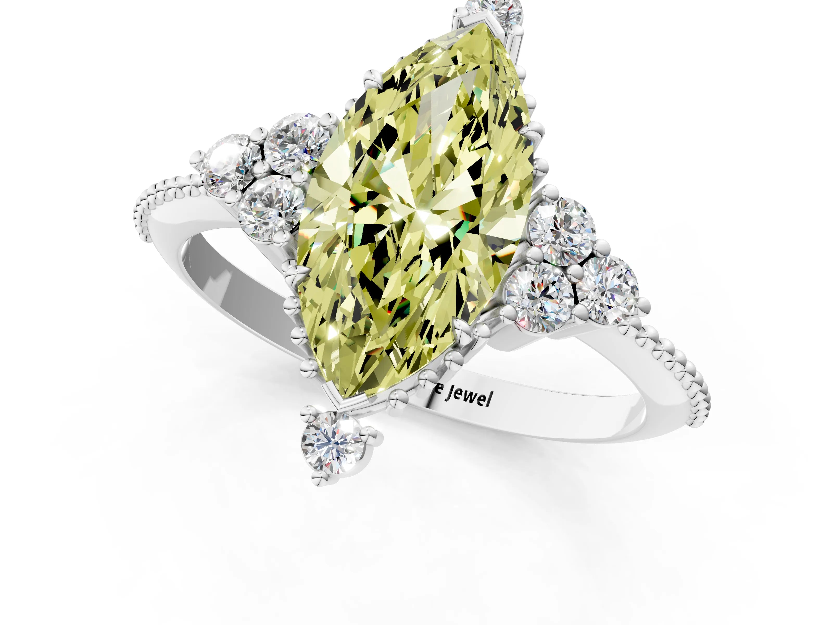 White gold Fancy Yellow Marquise Cut Brilliant Diamond with Cluster Setting on a Beaded Band and Four-Prong Setting_1