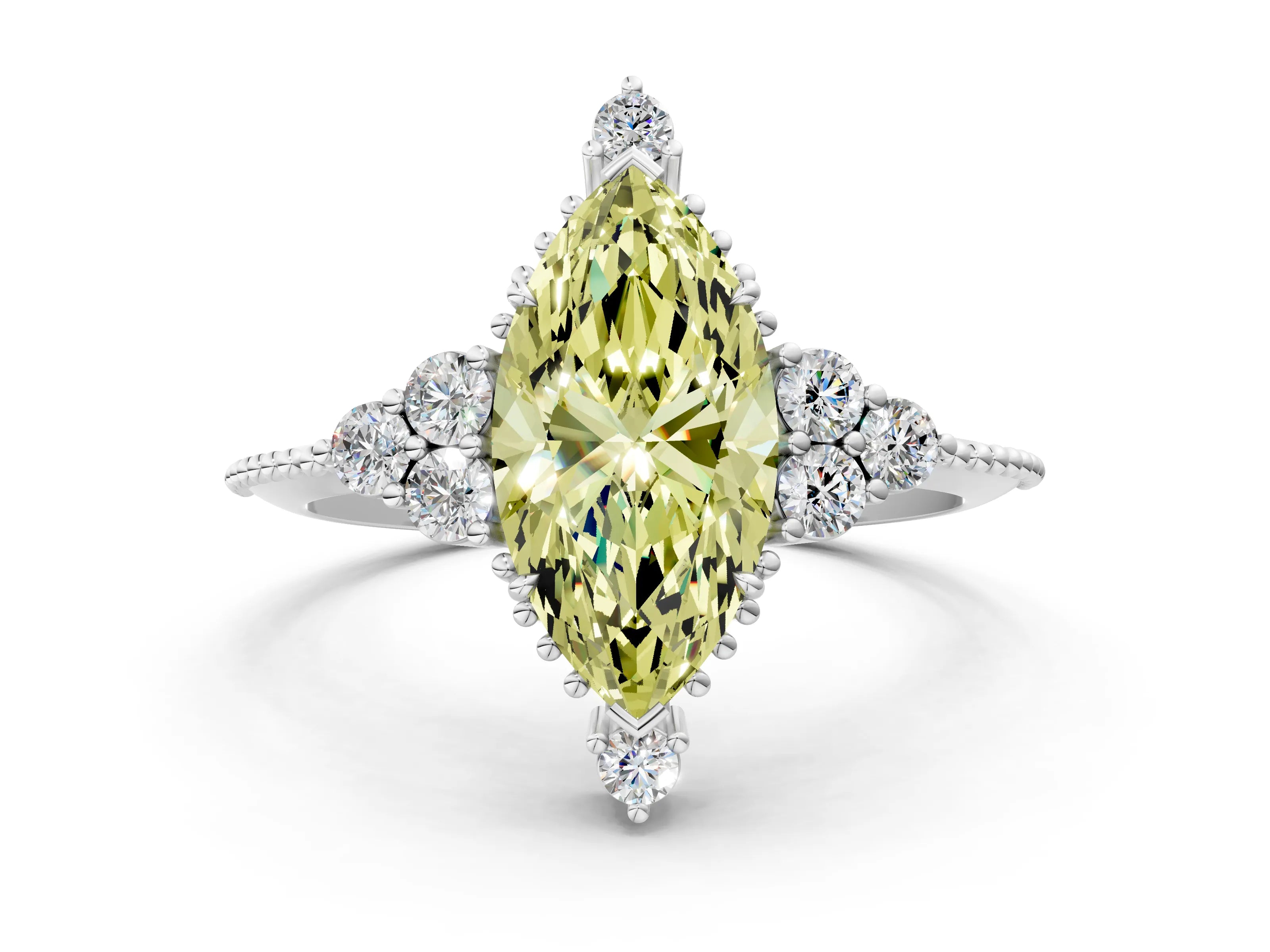 White gold Fancy Yellow Marquise Cut Brilliant Diamond with Cluster Setting on a Beaded Band and Four-Prong Setting_24