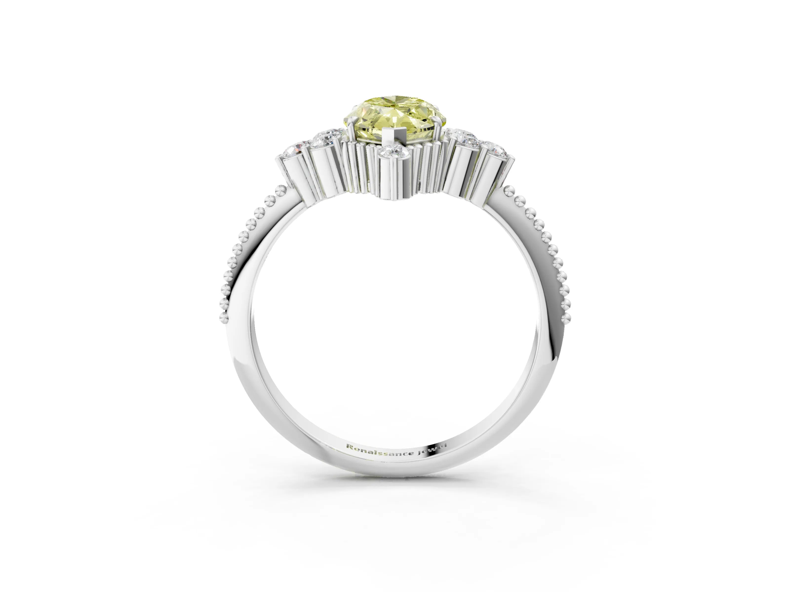 White gold Fancy Yellow Marquise Cut Brilliant Diamond with Cluster Setting on a Beaded Band and Four-Prong Setting_3