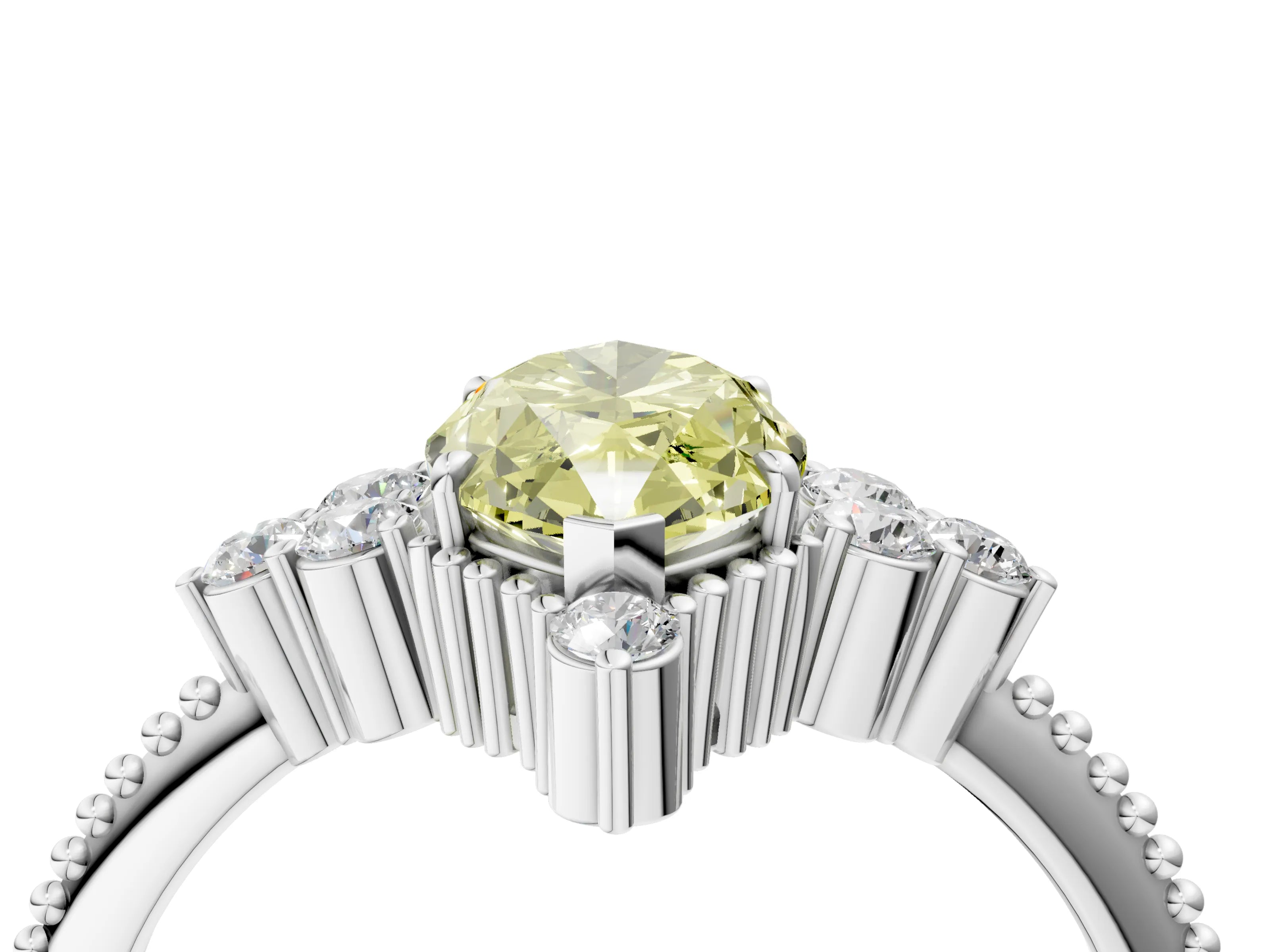 White gold Fancy Yellow Marquise Cut Brilliant Diamond with Cluster Setting on a Beaded Band and Four-Prong Setting_4
