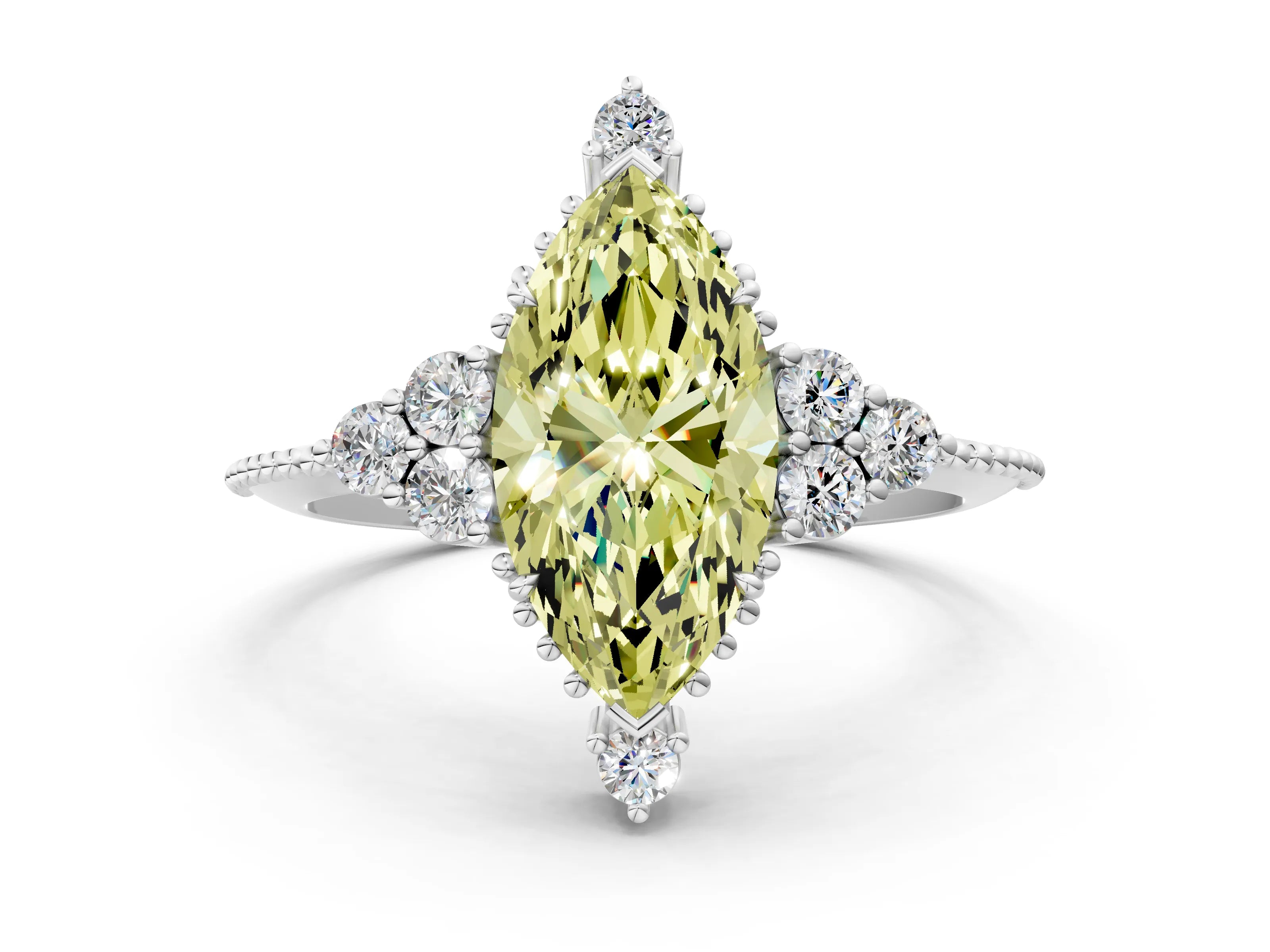 White gold Fancy Yellow Marquise Cut Brilliant Diamond with Cluster Setting on a Beaded Band and Four-Prong Setting