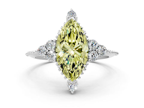 White gold Fancy Yellow Marquise Cut Brilliant Diamond with Cluster Setting on a Beaded Band and Four-Prong Setting