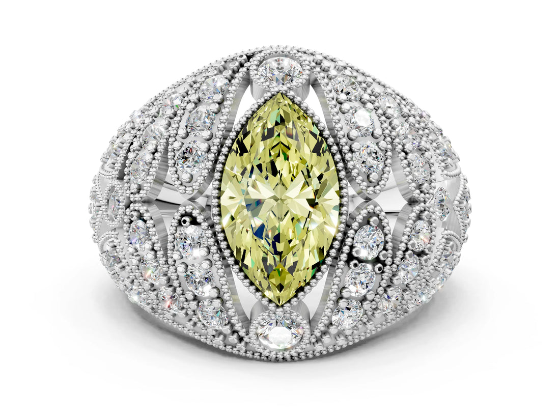 White gold Fancy Yellow Marquise Cut Brilliant Halo Pave Diamond Milgrain Ring