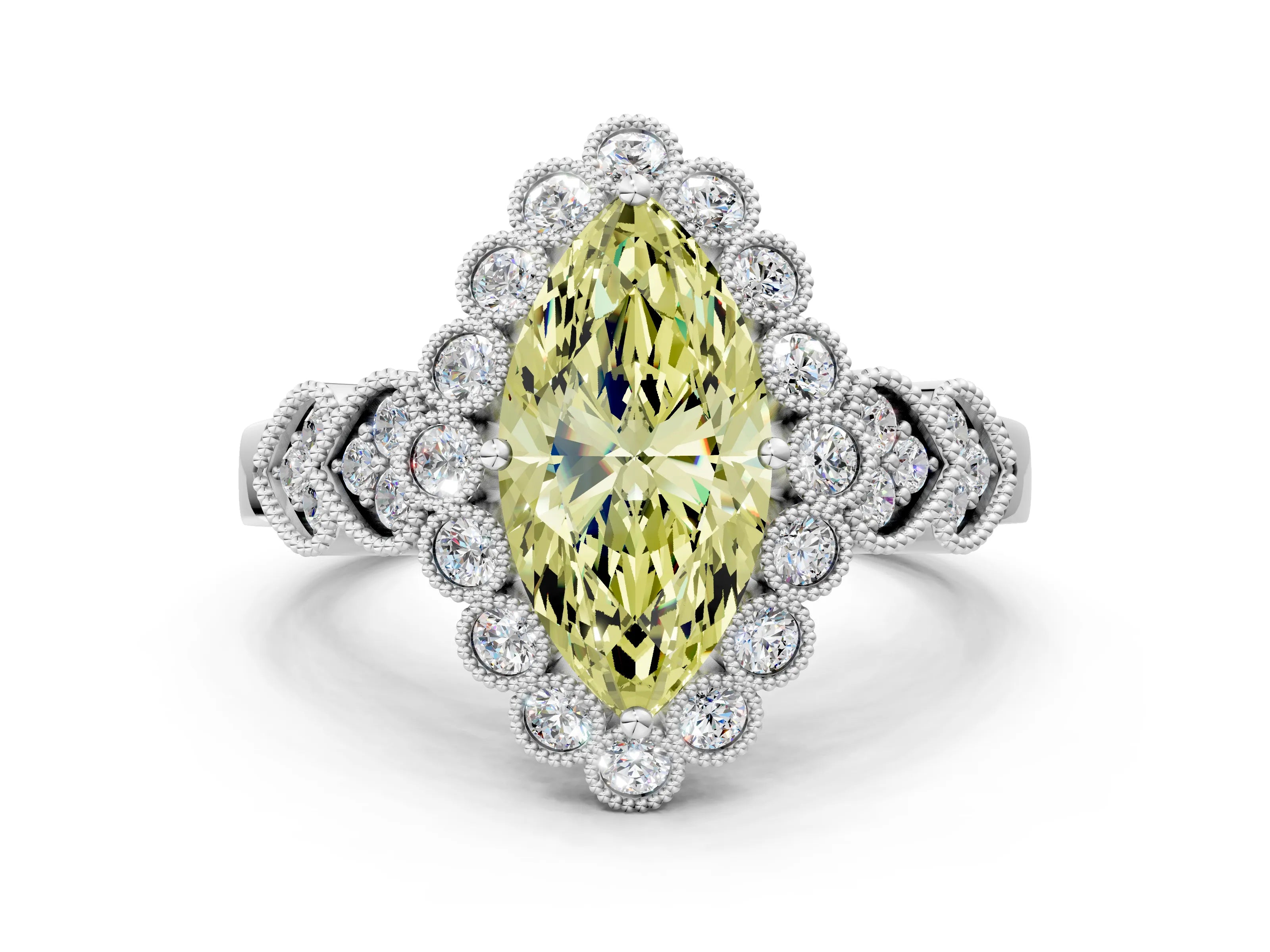 White gold Fancy Yellow Marquise Cut Brilliant Milgrain Pave Heart Band Solitaire Ring