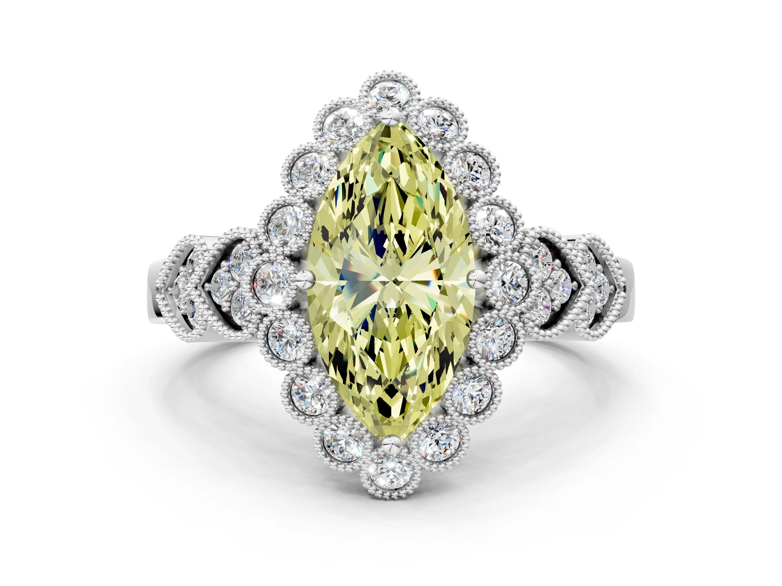 White gold Fancy Yellow Marquise Cut Brilliant Milgrain Pave Heart Band Solitaire Ring
