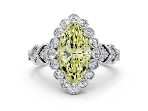White gold Fancy Yellow Marquise Cut Brilliant Milgrain Pave Heart Band Solitaire Ring