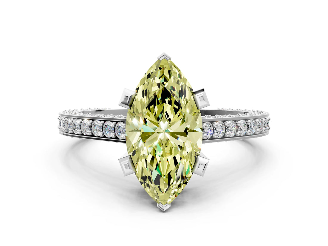 White gold Fancy Yellow Marquise Cut Brilliant Split Shank Pave Solitaire Ring with Four-Prong Setting
