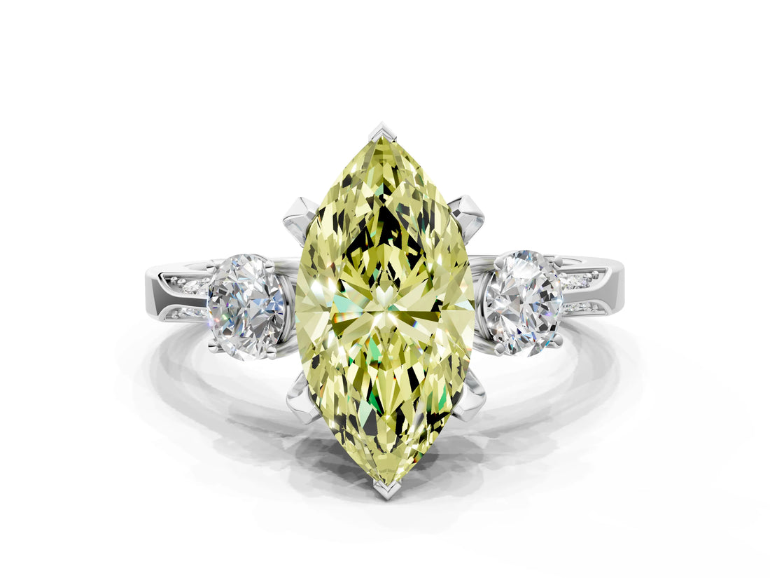 White gold Fancy Yellow Marquise Cut Brilliant Three-Stone Diamond Ring with Pavé Band and Four-Prong Setting_15