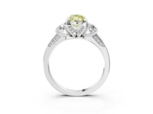 White gold Fancy Yellow Marquise Cut Brilliant Three-Stone Diamond Ring with Pavé Band and Four-Prong Setting