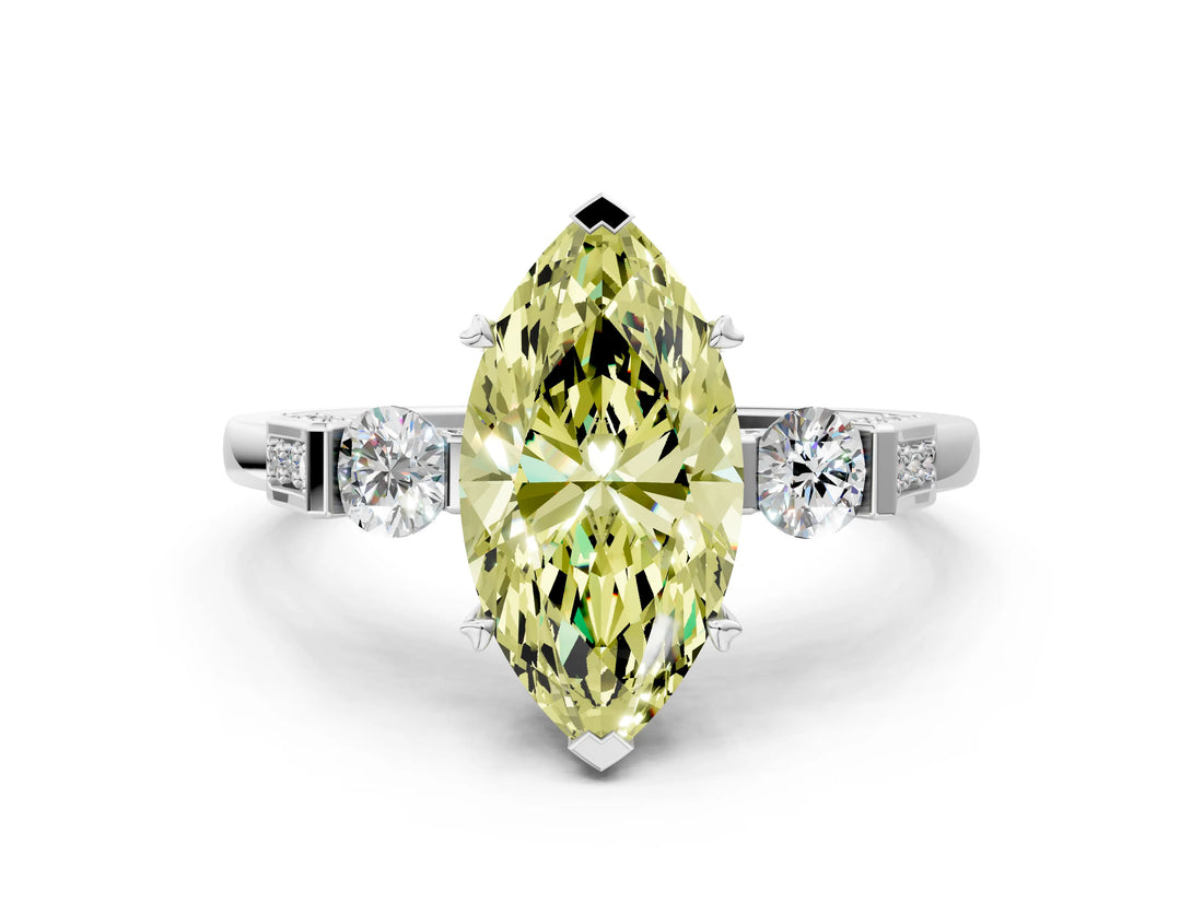 White gold Fancy Yellow Marquise Cut Brilliant Three-Stone Pave Band with Four-Prong Setting