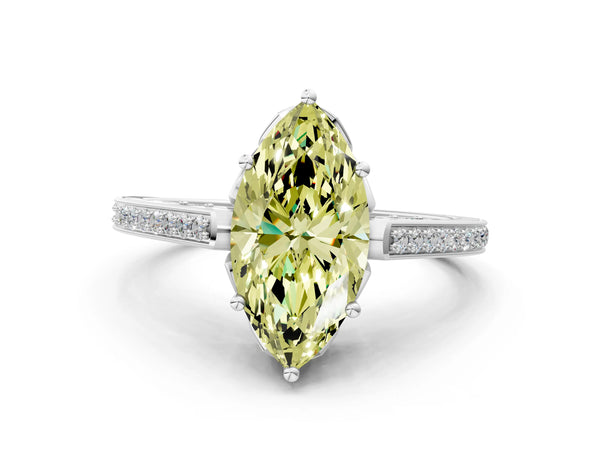 Platinum Fancy Yellow Marquise  Cut Cathedral Pave Diamond Engagement Ring with Six-Prong Setting