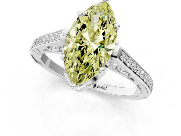 Platinum Fancy Yellow Marquise  Cut Cathedral Pave Diamond Engagement Ring with Six-Prong Setting