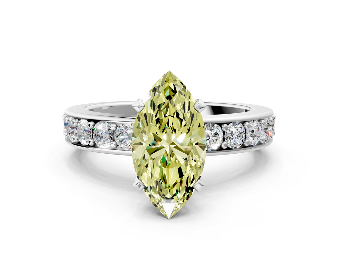 White gold Fancy Yellow Marquise  Cut Channel Set Diamond Engagement Ring with Four-Prong Setting