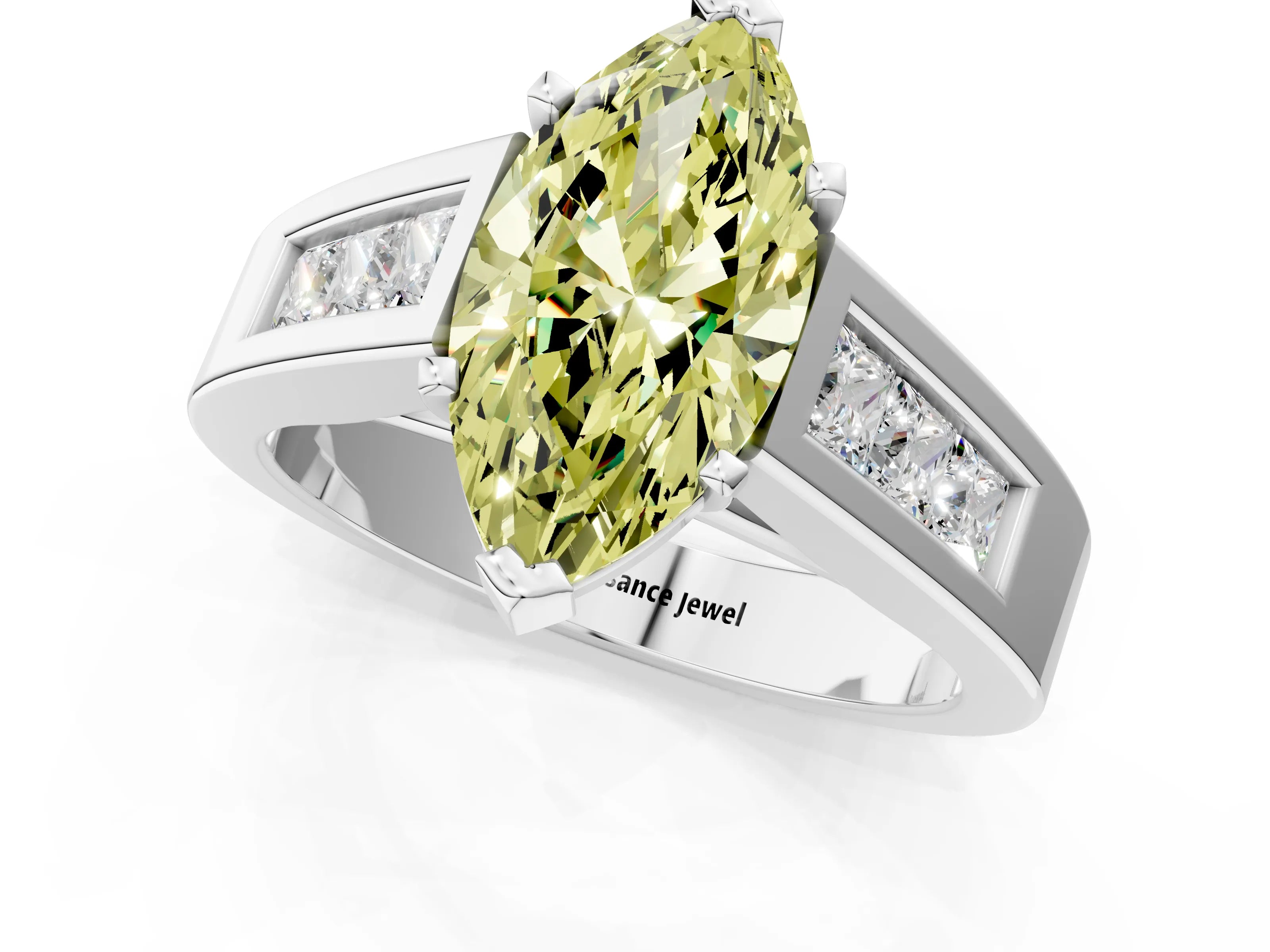 White gold Fancy Yellow Marquise Cut Cut Channel Set Solitaire Ring with Four-Prong Setting_13