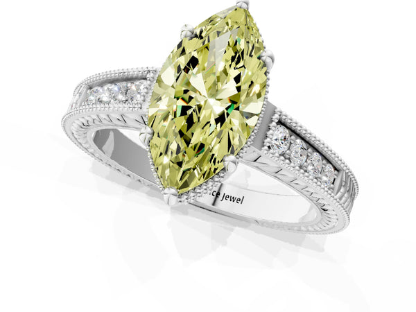 Platinum Fancy Yellow Marquise Cut Cut Diamond Milgrain Pave Band Four-Prong Setting Ring