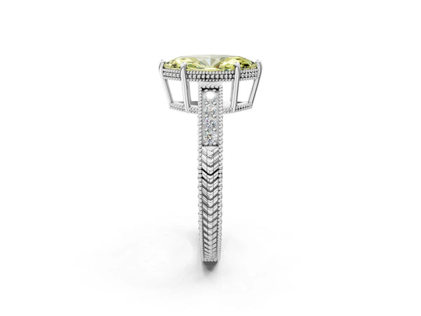 Platinum Fancy Yellow Marquise Cut Cut Diamond Milgrain Pave Band Four-Prong Setting Ring