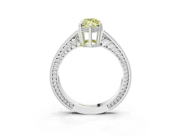 Platinum Fancy Yellow Marquise Cut Cut Diamond Milgrain Pave Band Four-Prong Setting Ring