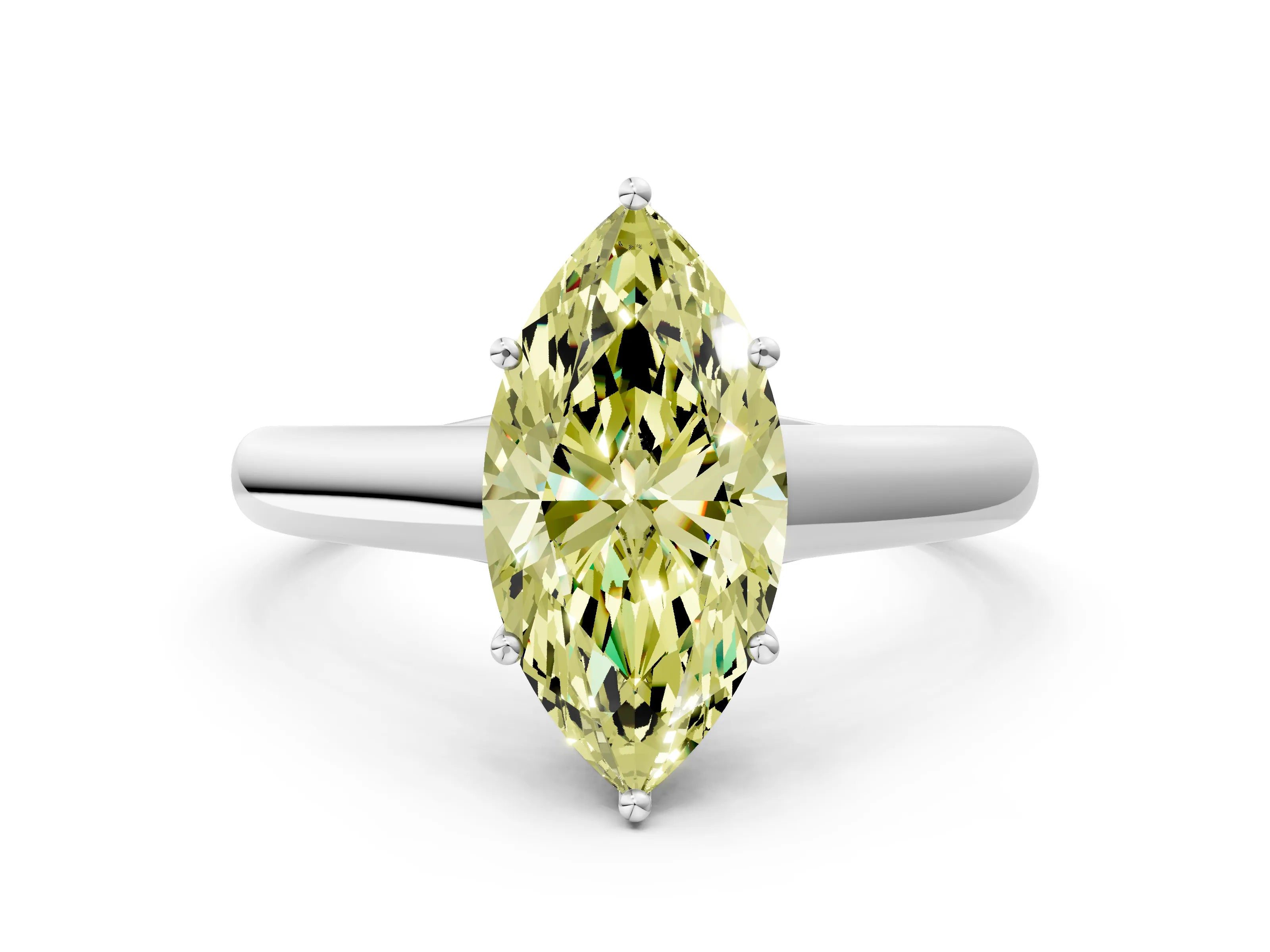 White gold Fancy Yellow Marquise Cut Cut Diamond Solitaire Engagement Ring with Tapered Plain Band and Four-Prong Setting