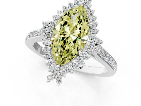 White gold Fancy Yellow Marquise Cut Cut Diamond Sunburst Halo Engagement Ring with Pavé Band_10