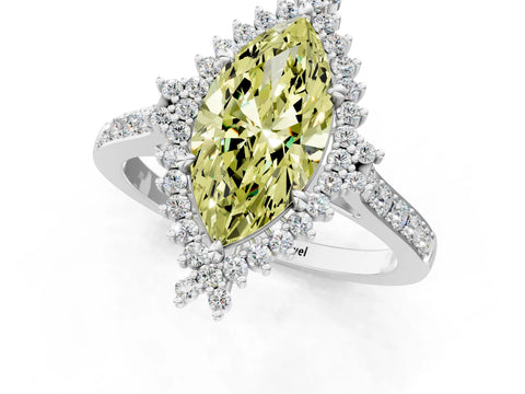 White gold Fancy Yellow Marquise Cut Cut Diamond Sunburst Halo Engagement Ring with Pavé Band_19