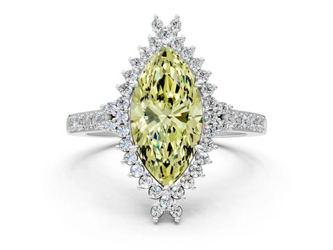 White gold Fancy Yellow Marquise Cut Cut Diamond Sunburst Halo Engagement Ring with Pavé Band_21