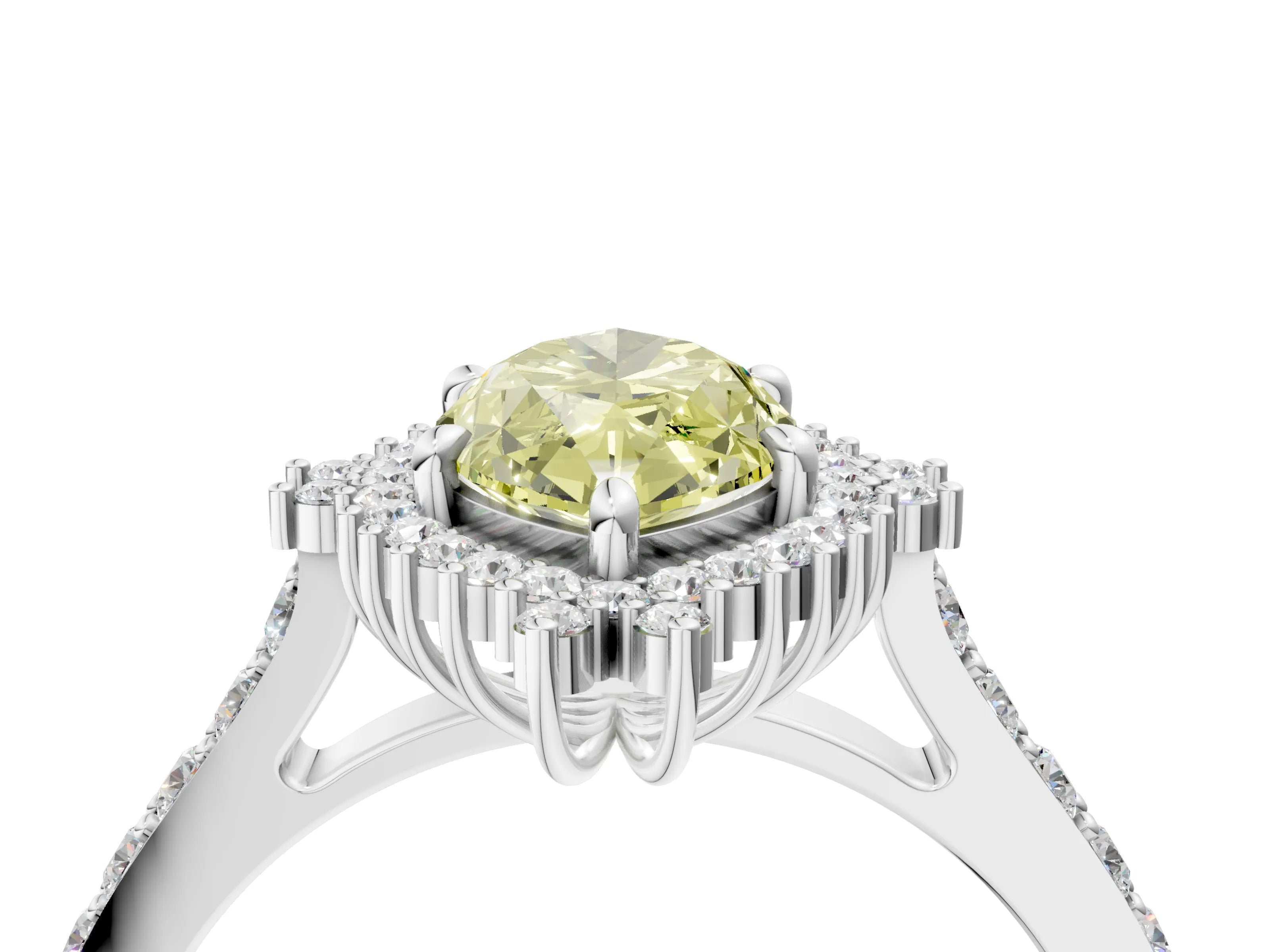 White gold Fancy Yellow Marquise Cut Cut Diamond Sunburst Halo Engagement Ring with Pavé Band_25