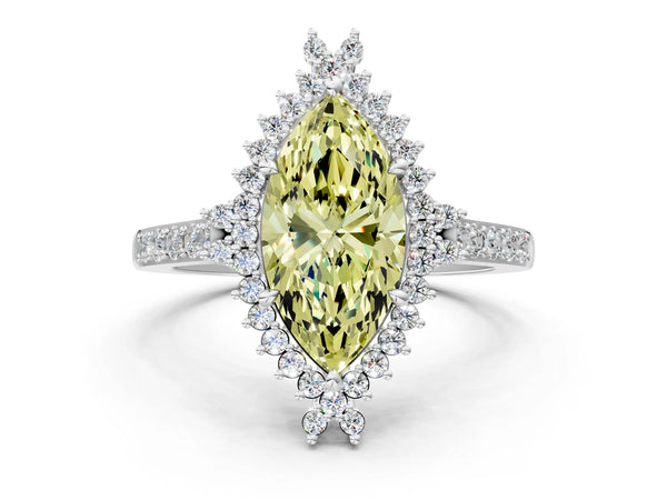 Platinum Fancy Yellow Marquise Cut Cut Diamond Sunburst Halo Engagement Ring with Pavé Band