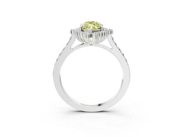 White gold Fancy Yellow Marquise Cut Cut Diamond Sunburst Halo Engagement Ring with Pavé Band