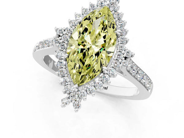 Platinum Fancy Yellow Marquise Cut Cut Diamond Sunburst Halo Engagement Ring with Pavé Band