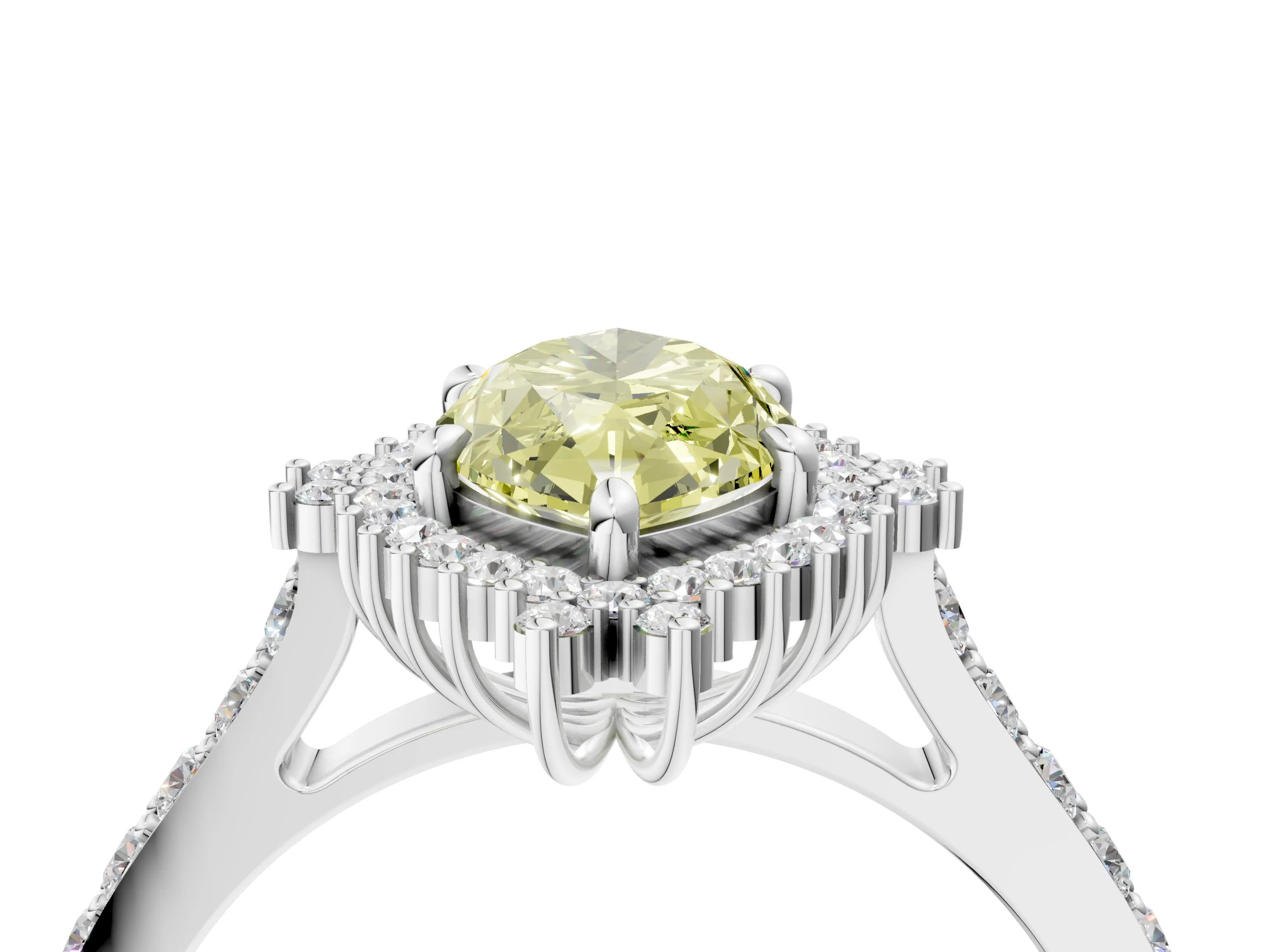 White gold Fancy Yellow Marquise Cut Cut Diamond Sunburst Halo Engagement Ring with Pavé Band_37