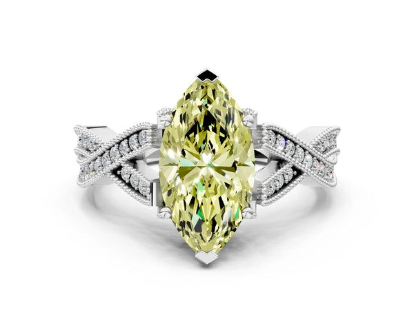 Platinum Fancy Yellow Marquise Cut Cut Diamond Twisted Band with Milgrain Pave Setting and Four-Prong Setting