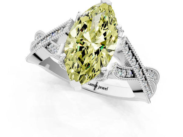 Platinum Fancy Yellow Marquise Cut Cut Diamond Twisted Band with Milgrain Pave Setting and Four-Prong Setting